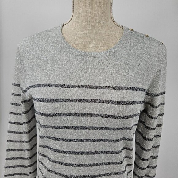 J. McLaughlin Ginger Metallic Stripe Sweater Silver Women’s Size S Preppy Party - Picture 3 of 11